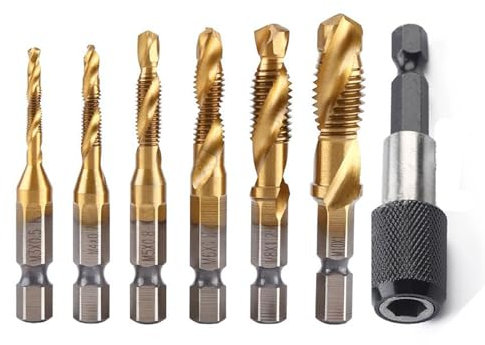 NIYATA Gewindebohrer 1/4'' HSS M3-M10,Gewindeschneider Set M3,M4,M5,M6,M8,M10,Gewindebohrer 1/4 Sechskantschaft,Mit Einem Umrüstfutter Geliefert,Schneiden Weichen Metallen