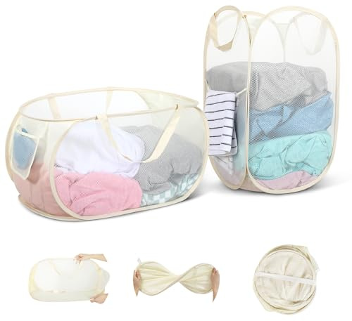 Cesta de lavandería plegable WUFANC, paquete de 2 (36 x 36 x 58 cm), cesta de lavandería plegable de malla con asa para baño, camping, residencia universitaria y viajes.