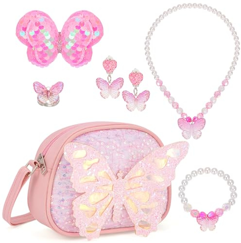 BTHRORO Flicka Väska Smycken Set, Söt Fjäril Halsband Armband Ring Örhängen Set Hårtillbehör Set Prinsessa Smycken Set för Flickor Klä upp och Rollspel