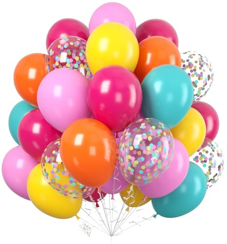 60PC Rainbow Balloons Set, Colorful Balloons, 12 Inch Bright Color Yellow Orange Hot Pink Teal Blue Confetti Balloon Helium for Rainbow Wedding Day Birthday Party decorations