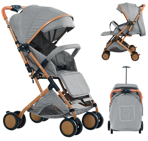 OHMG Kinderwagen, Kinderbuggy, Liegewagen, Sportwagen, Buggy, Zusammenklappen, Breite und tiefe Sitz, mit Liegeposition, 4 Rad Dämpfung, Große Dach, 5-Punkt-Gurt, bis zu 25 kg ﻿ (B-Gris)