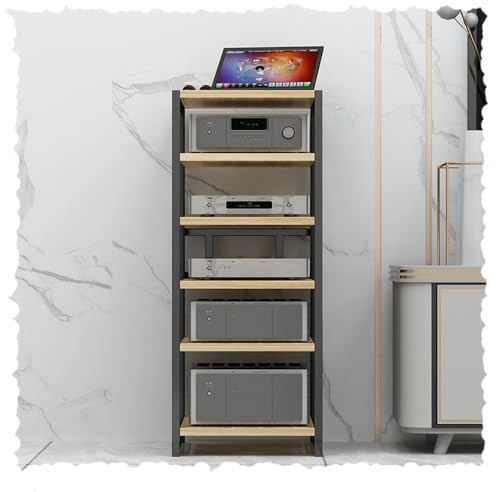 Gabinete de almacenamiento de medios HiFi ajustable de 4/5/6 niveles, soporte AV de madera para componentes estéreo y de audio y vídeo, centro multimedia de esquina, acabado natural, 100 cm