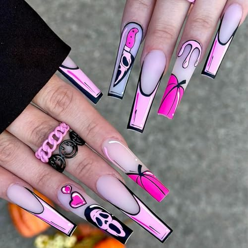 Halloween Pink Long Press on Nails - 24PCS Coffin Square False Nails with Pink Pumpkin Pattern, Acrylic Cute Stick on Nails with Glue - Handmade Fake Nails Long for Women Nail Art Decoration