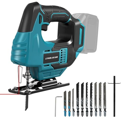Sega a batteria compatibile con batteria Makita da 18 V (senza batteria), seghetto alternativo elettrico brushless da 450 W, profondità di taglio 55 mm, luce laser LED, 10 lame e scatola di plastica