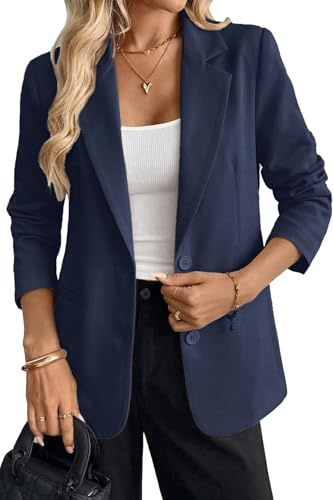 ELLEVEN Business Casual Blazer for Women, Long Sleeve Boyfriend Fit Loose Fit Work Office Suit Jacket Work Lapel Collar Open Front Blazer Suit with Pockets Navy Blue Medium