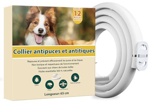 Collier Anti Puces pour Chien, 12 Mois De Protection Efficace, Collier Anti Tique Chien 65cm, Réglable Et Étanche, Convient Aux Chiens De Toutes Tailles (65cm)