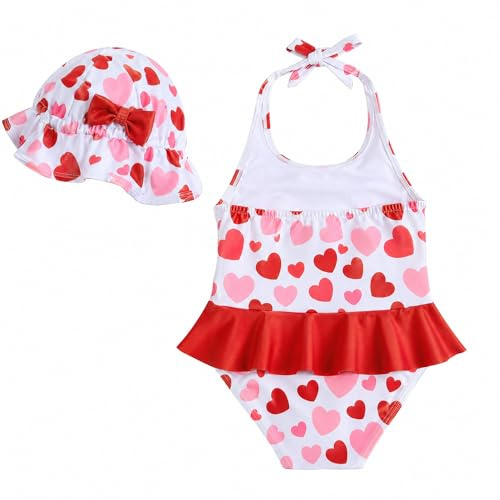 JiAmy Costume da bagno per bambina con cappello da sole, costume da bagno per bambini, con volant e fiocco, per bambini da 0 a 24 mesi, Cuori Rossi Bianchi, 6-12 Mesi