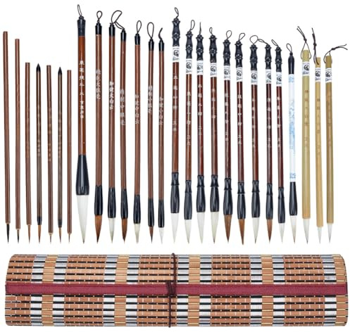 WEBEEDY 27 Taille Pinceau de Calligraphie Chinoise avec Porte Pinceau en Bambou, Pinceau Aquarelle Calligraphie Chinoise Pinceaux pour Dessin et Ecriture