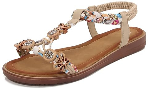 YOUNIFIZ Women's Bohemian Flat Sandals T-Strap Open Toe Summer Sandals with Flower Beaded Casual Elastic Strap Casual Waking Shoes