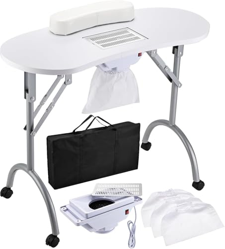 Drmilito Table Manucure Pliante Pliable avec Aspirateur Table à Ongles | Mobile avec roulettes, sac à poussière, sac de transport, coussin de poignet (Petit Pliante)