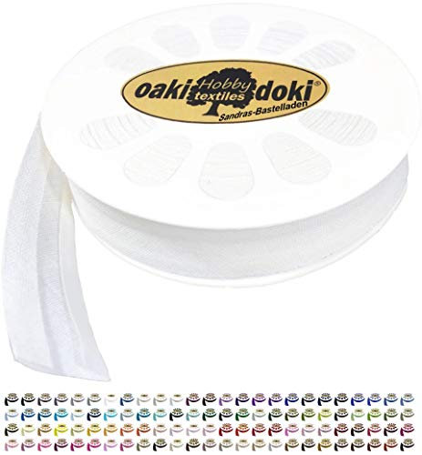 Sandras-Bastelladen 20m Schrägband/Einfassband Baumwolle Uni gefalzt Breite 20mm 009-Weiß