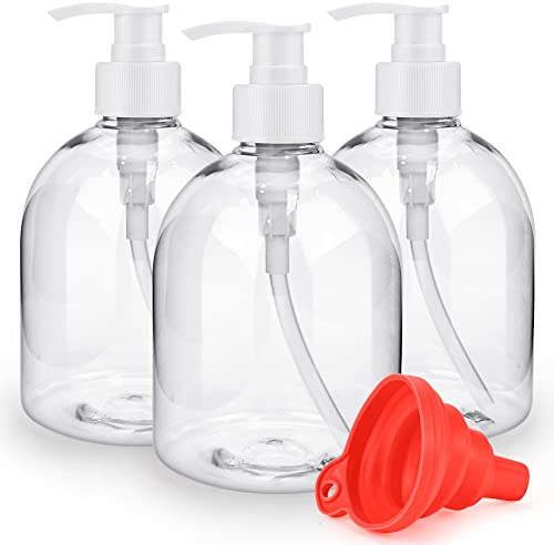 3 pezzi di flaconi con pompa in plastica ricaricabili da 500 ml/17 fl oz vuoti, dispenser per sapone e lozione trasparente riutilizzabile con grande capacità, imbuto in silicone e etichette per
