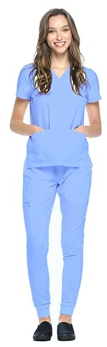 Dagacci Medical Uniform® Jogger Scrubs for Women Set – V-Neck Scrub Top & Elastic Jogger Scrub Pants for Women 8 Pockets Ceil Blue 2XS