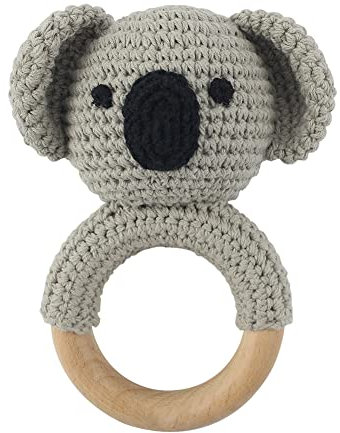 ISAKEN Greifling Baby Rassel Handgemachte Häkelrassel für Babys, Bärchen Greifling Gehäkelt mit Rassel, Häkelrassel Holzring Holzspielzeug Baby Greifling Rassel für Junge & Mädchen