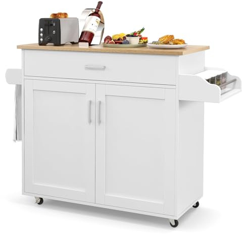 RELAX4LIFE Carrello Cucina Salvaspazio con Piano 90x40 cm per Microonde, Ruote di Gomma Silenziosi, Porta-Asciugamani, Portaspezie, Casetto,Armadietto a 2 Ante