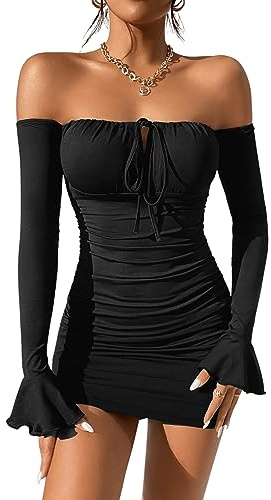 GORGLITTER Robe moulante élégante pour femme - Épaules dénudées - Manches longues - Avec volants - Mini robe sexy courte, Noir , XS