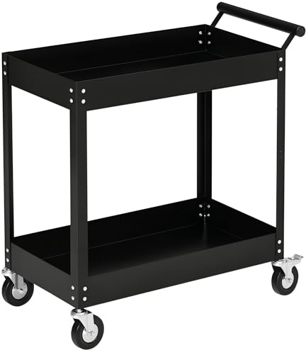 DURHAND Carro de Herramientas con Ruedas Carro de Taller de Acero con 2 Estantes de Almacenamiento y Asa Lateral para Garaje Mecánico Hogar Carga 150 kg 84,5x38x84 cm Negro