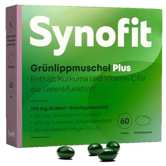 Synofit Grünlippmuschel Plus – 60 Weichkapseln I Mit Curcumin, Kollagen & Johannisbeerblatt I Unterstützt Gelenkfunktion und Beweglichkeit I 100% rein