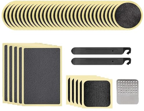 40 Stück Selbstklebendes Fahrradschlauch Flickzeugset - Klebstofffreie Flicken in Rund-, Quadrat- und Rechteckform mit 2 Reifenheber, 1 Metallraspel - von Mobi Lock