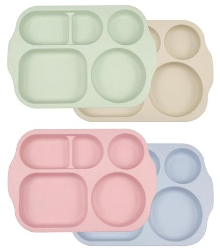 wocpvm 4 Stück Kinderteller Plastik, Teller Unterteilt Plastik Unzerbrechliche kinderteller unterteilt plastik Teller mit Unterteilung mit 5 Fächern für Kinder & Erwachsene