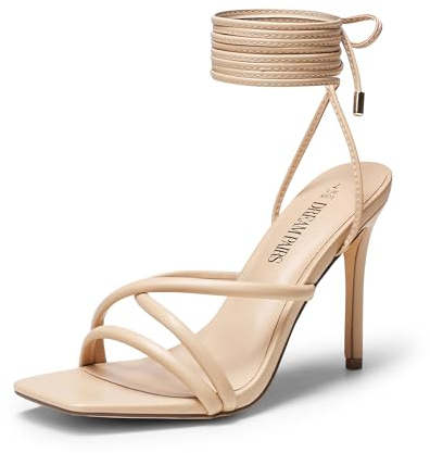 DREAM PAIRS Heels for Women Strappy High Stiletto Lace Up Heeled Sandals Square Open Toe Heels for Prom Party Dating,Size 9,Nude-Pu,SDHS2478W
