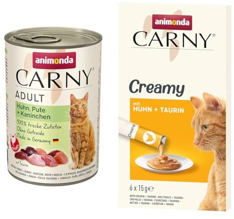 Paket animonda Carny Adult Katzenfutter, Huhn, Pute + Kaninchen, 6 x 400 g + Creamy - Premium Katzensnack für anspruchsvolle Feinschmecker - zarte Huhn und Taurin in Frischebeuteln - 6 x 15 g