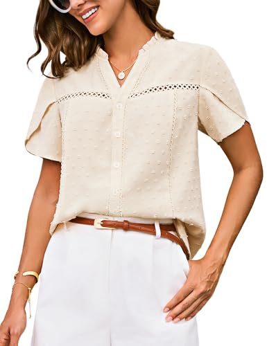 GRACE KARIN Estiva Camicia Elegante Donna Blusa Chiffon Manica Corta Scollo a V Casual Shirt Bottoni Ufficio Beige L