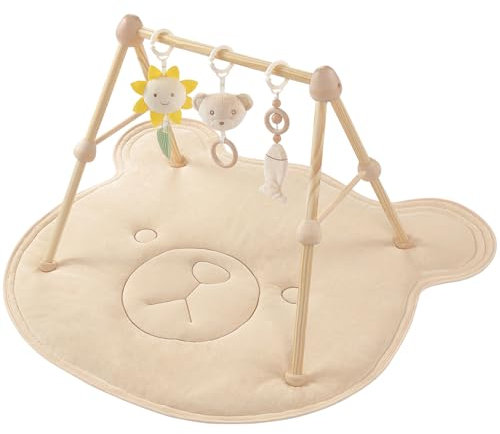 Cottonbebe 4 IN 1 Bär Spielbogen Baby, Spielmatte Babies mit Natur Holz Activity Spielbogen, 3 abnehmbaren Spielzeugen zum Greifen, für ab 0-3-6-12-36 Monaten