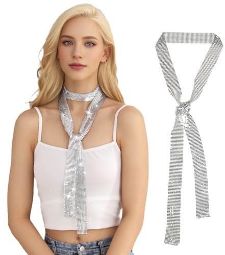 JK Home Sparkling Metallic Scarf Metal Sequins Choker Neck Tie Scarf Skinny | Neckerchief for Women Sparkle Glitter Long Thin Scarves Necktie for Girls Party Wedding