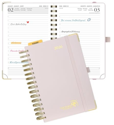 POPRUN Agenda 2026 Dia Por Pagina Espiral 21,5 x 14,5 cm, A5 Tapa Dura en Planificador diaria 12 Meses de Ene 2026 a Dic 2026, 80 GSM Papel, ‌Rosa Claro