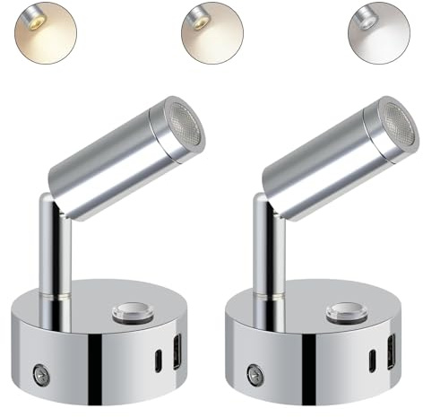 ERWEY 2 delar LED läslampa 12V husbil, vägglampa sänglampa med switch touch dimbar 3000K-6000K, DC 12V-24V spot interiörbelysning med USB A + C-portar för båt bil van yacht, silver