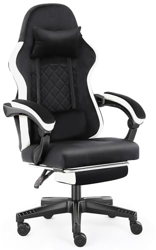 AUNEK Silla Gaming con Reposapiés y Soporte Lumbar, Reclinable hasta 140°, Tela Flannel Transpirable, Altura Ajustable, Cojín Cervical, Silla Gamer para Oficina y Hogar (Negro)