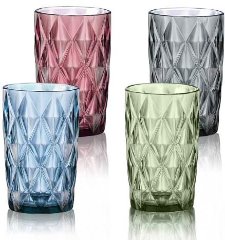 LOITTAINUE Trinkgläser Set Bunt - Gläser Set 4 Teilig 400ml Vintage Wassergläser aus Glas mit Geprägtem Design - Saftgläser Drinkgläser Küchengläser - Spülmaschinenfest (A)