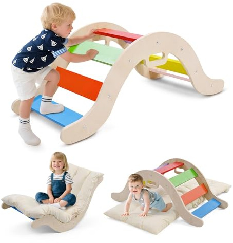 2-in-1 Toddler Climbing Frame with Armrests, Wooden Arch Climber Ladder with Cushion, Natural Wood, Non-Slip Foot Mat, Pole Reinforcements, Baby Climbing Arch for 1-6 Years (Wave-w/armrest-rainbow)