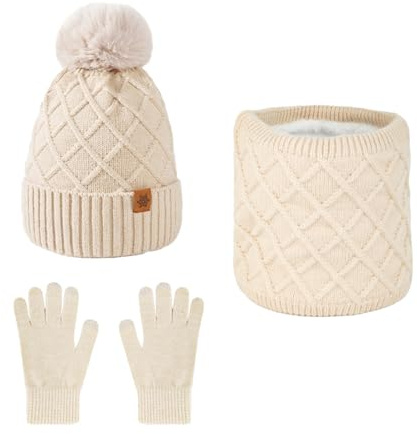 YIMINI Halsduk, mössa och pekskärm handskar set, beanie mössa dam vinter med tofs fleece fodrad, loop halsduk tubhalsduk vinterhalsduk, vinterhandskar, som julklapp, Beige, En Storlek