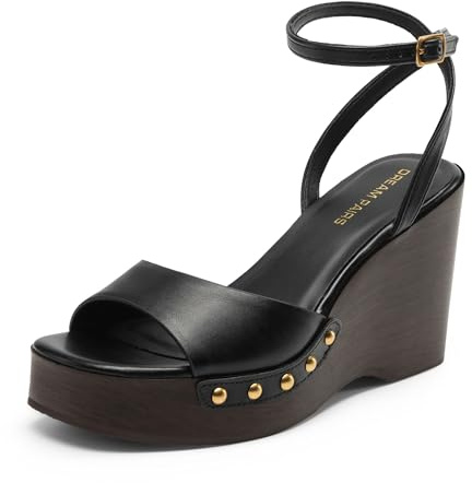 DREAM PAIRS Wedge Sandals for Women,Dressy Platform Square-Toe Ankle Buckle Studded Fashion Sandals for Summer,Size 8,Black,SDWS26001W