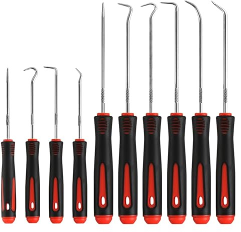 Wuhmhm 10 Piezas Juego De Herramientas Para Juntas De Eje, Herramienta De Gancho Rojo Con Mango Antideslizante, Herramienta Para Juntas De Aceite De 16,5 Cm Y 24 CM Para Juntas Tóricas, Sellos