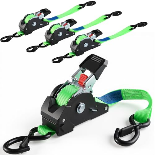 TLGREEN Cinghie di ancoraggio automatiche 4 pezzi, 3 m x 25mm, Cinghie di tensione autoavvolgenti con ganci a S, resistenza alla rottura 748kg, cinghie di fissaggio per camion, rimorchi, moto