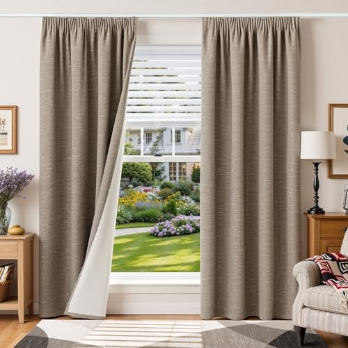 Runyéla 100% Blickdichte Vorhänge mit Kräuselband Leinenoptik Verdunklungsvorhänge 220H x 140B x 2 Leinen Gardinen Thermovorhänge Kälteschutz Wohnzimmer Blackout Curtain