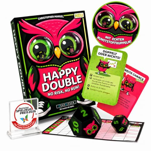 DENKRIESEN Happy Double – tärningsspel för barn och familj, snabb fest- och brädspel | 2–8 spelare, från 8 år, ca 20 min speltid