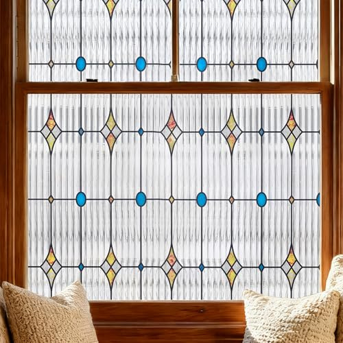 Stained Glass Window Film Privacy for Glass Windows, Starburst44x200cm | Decorative Window Privacy Film UV Blocking Static Cling No Glue Rental Friendly for Home Kitchen Office