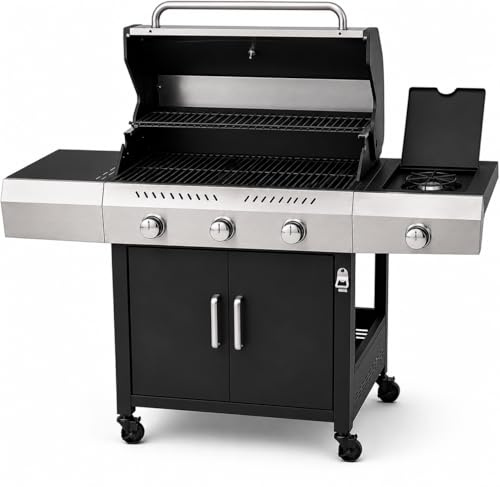 Barbecue a Gas Professionale XXL Da 13 kW con 4 Bruciatori in Acciaio Inox 304 Con Fuoco Laterale Termometro Coperchio Doppio Griglia Di Cottura 65 x 42 Cm Scaldavivande Ruote 135 × 50 × 120 Cm Nero