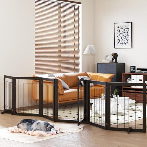 PAWLAND 144-inch Extra Wide 30-inches Tall Dog gate with Door Walk Through, Freestanding Wire Pet Gate for The House, Doorway, Stairs, Pet Puppy Safety Fence, Support Feet Included, Espresso,6 Panels