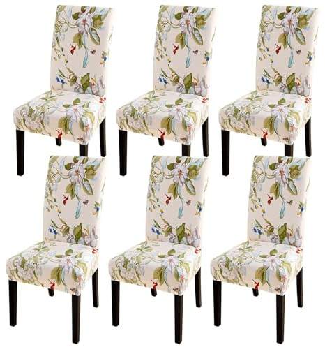SearchI Dining Room Chair Covers Slipcovers Set of 6, Spandex Super Fit Stretch Removable Washable Kitchen Parsons Chair Covers Protector for Dining Room,Hotel,Ceremony,Beige+Flowers