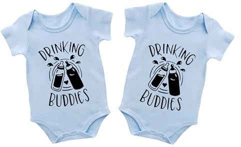 AOUYOA Baby Twins Bodysuits Drinking Buddies Newborn Baby Clothes Cute Toddler Outfits Infant Twin Unisex Romper(blue buddies 6m)