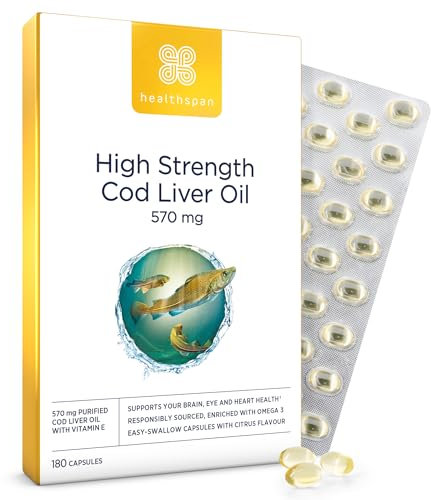 Healthspan Lebertran 570 mg | Unterstützt Gehirnfunktion, Herzgesundheit & Knochengesundheit | Mit 150 mg Omega-3-Fettsäuren pro Kapsel | Zusätzlich Vitamin A & Vitamin D | 180 Kapseln
