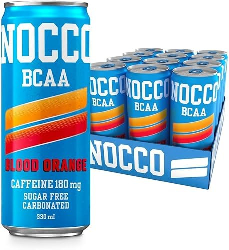 NOCCO Sugar Free Energy Drink – BCAA, 180mg High Caffeine, with Amino Acids & Vitamins, Ideal for Pre Workout – 12 x 330ml (Blood Orange Del Sol)