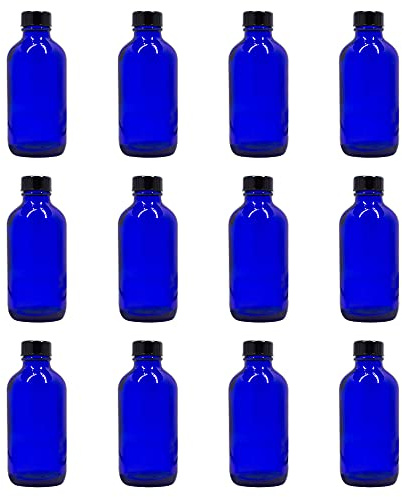 U-Pack 4 oz Cobalt Blue Glass Boston Round Bottles With Black Ribbed Cap - 12 Pack