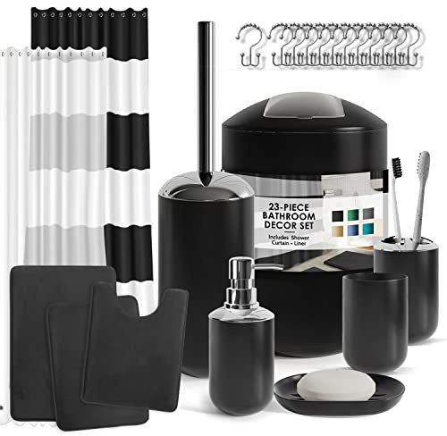 Clara Clark Juego de baño – Juegos de baño con Cortina de Ducha y alfombras, alfombras de baño Suaves Antideslizantes, Juego de Accesorios de baño Negro de 23 Piezas Completo con alfombras de baño,
