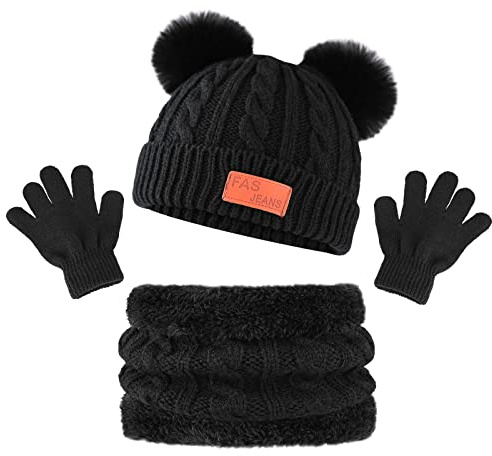 Bekecidi Ensemble Bonnet Echarpe Gant pour Enfants, Hiver Tricoté Tour de Cou Chaud Gants Bonnet avec Doublure Épaisse Hiver Bonnet Snood Gant pour Garçons et Filles 1-5 Ans (Noir)